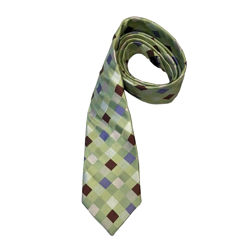 Ted Baker London Tie Green Checkered Geometric Silk Made USA Necktie Paisley